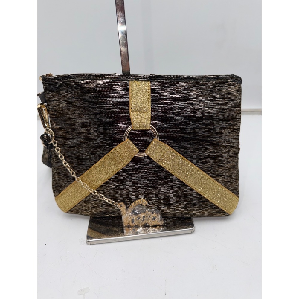 Vieta Metallic Gold Black Shimmer Clutch Bag with Rhinestone Charm Wristlet
